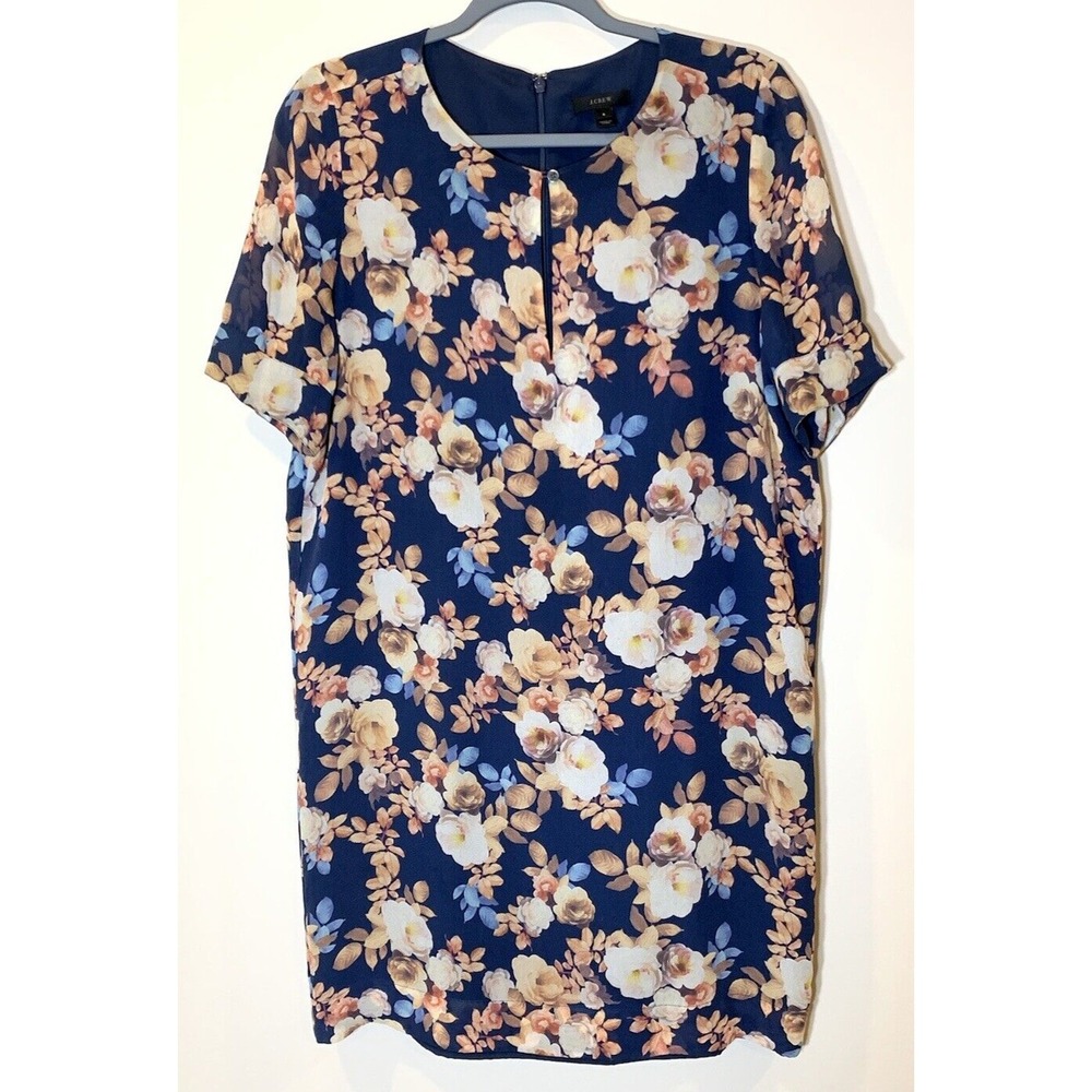 J. Crew‎ DRESS Womens 8 Navy Blue Floral Silk Chiffon Shift Short Sleeve Lined